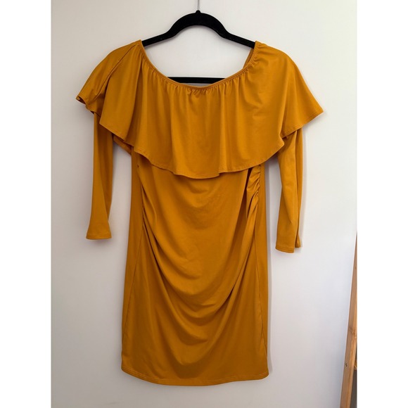 Pink Blush Maternity Golden Yellow Ruffle Off Shoulder Long Sleeve Dress Sz‎ S - Picture 2 of 8